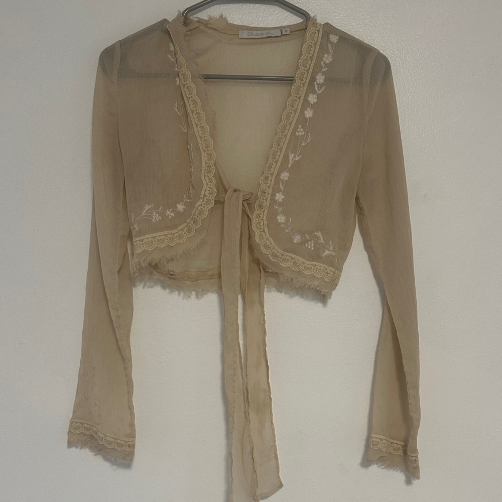 Charlotte Russe Beige Sheer Wrap Lace Top
